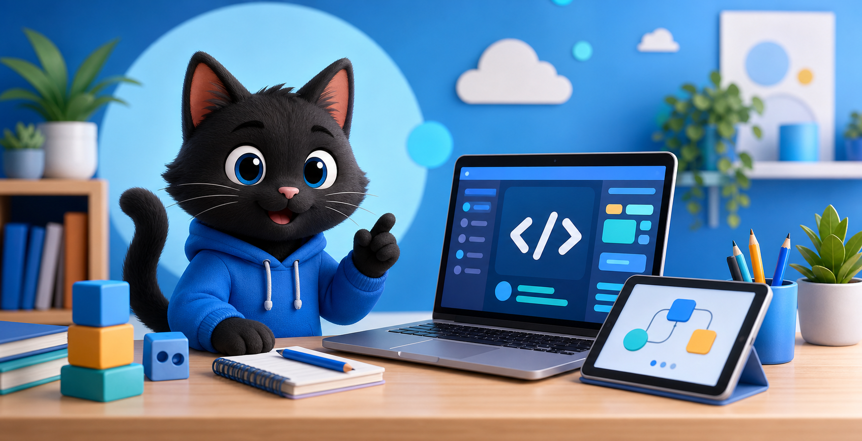 CodePaw learning companion with coding and study tools in a blue home learning setup
