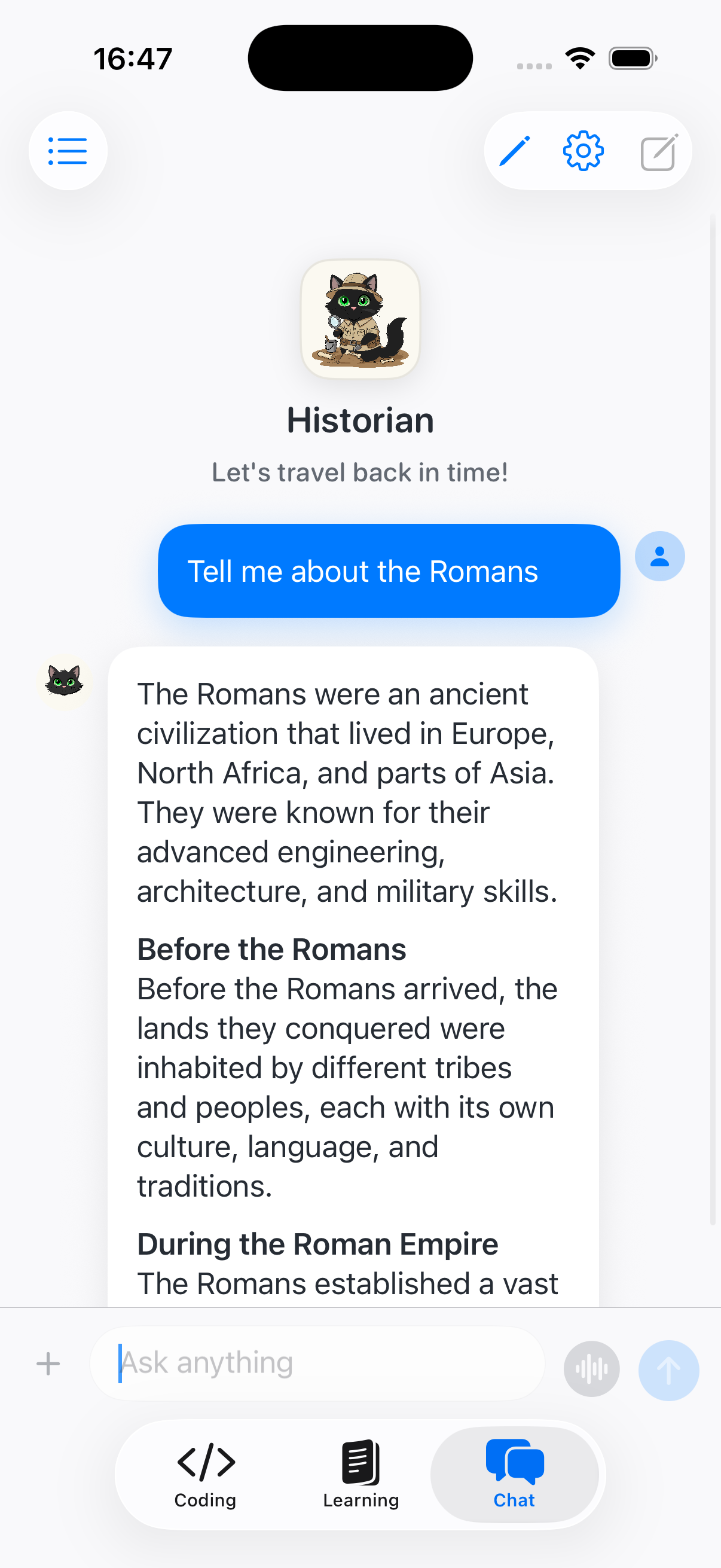 Historian AI chat in CodePaw on iPhone
