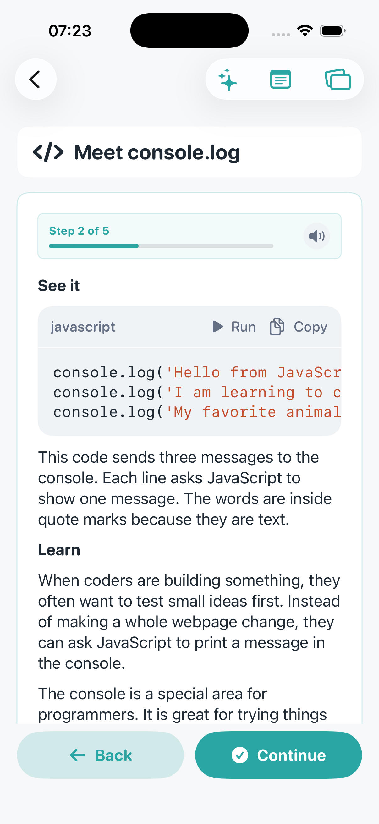 Guided coding lesson in CodePaw on iPhone