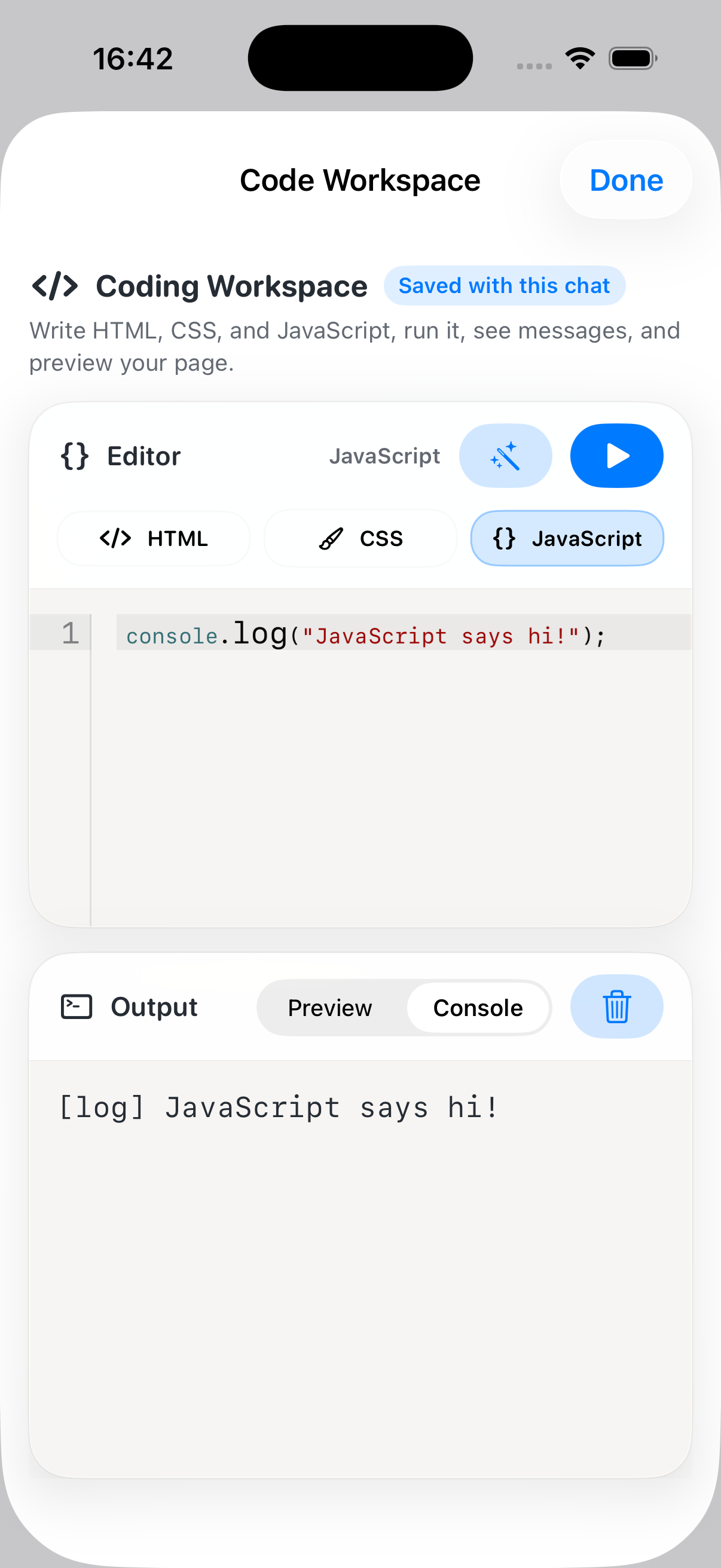 Code workspace with editor, preview, and console in CodePaw on iPhone