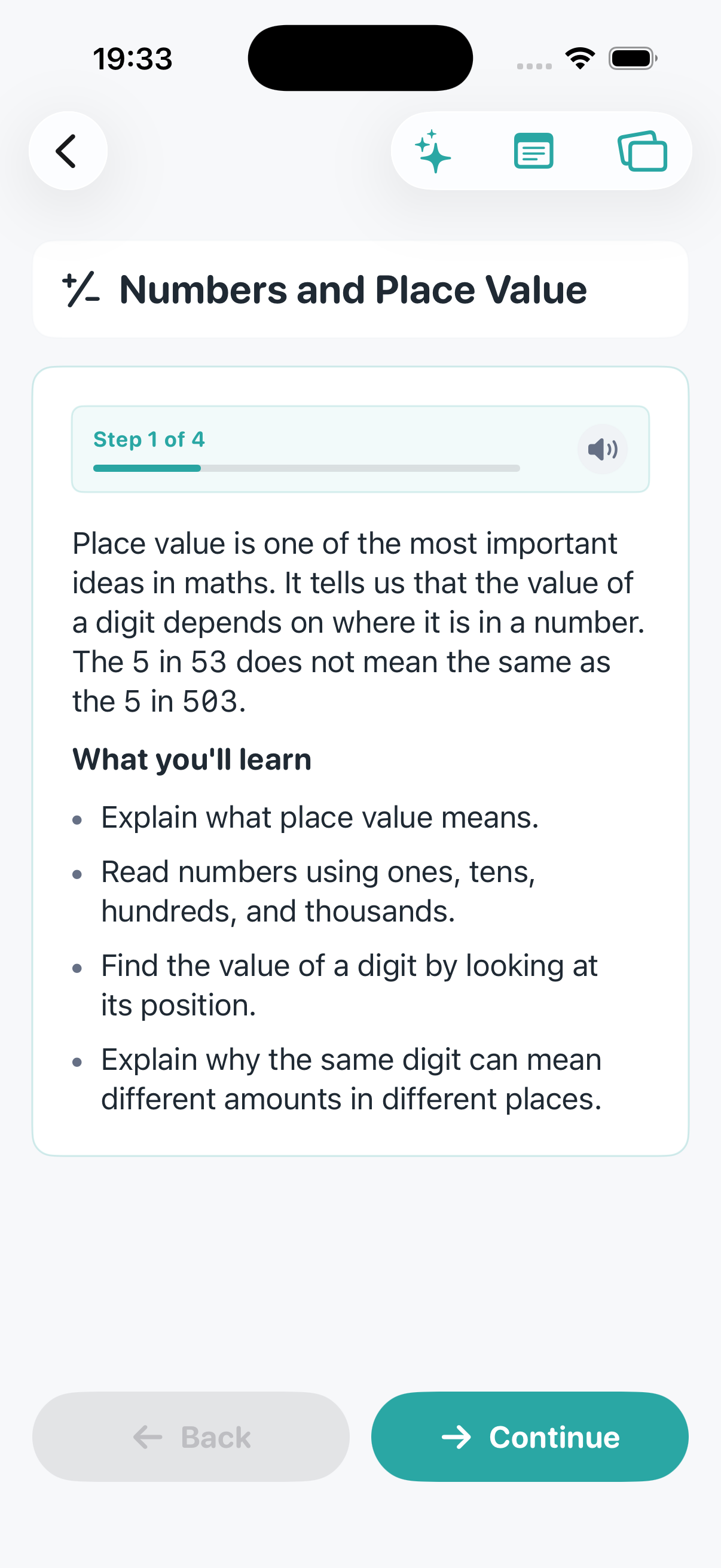 Guided lesson stages in CodePaw on iPhone