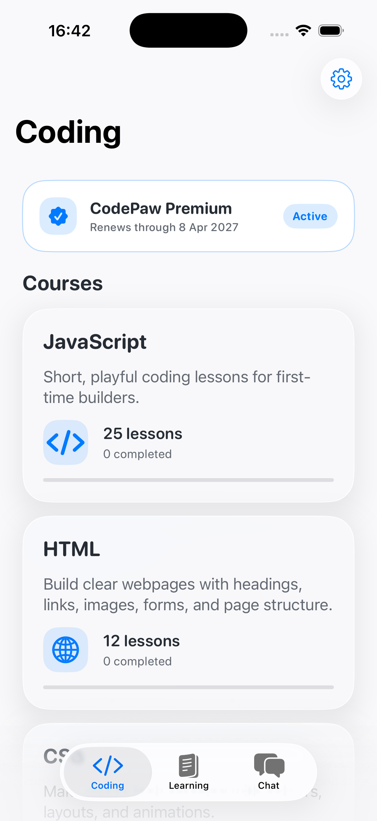 Course library with coding courses in CodePaw on iPhone
