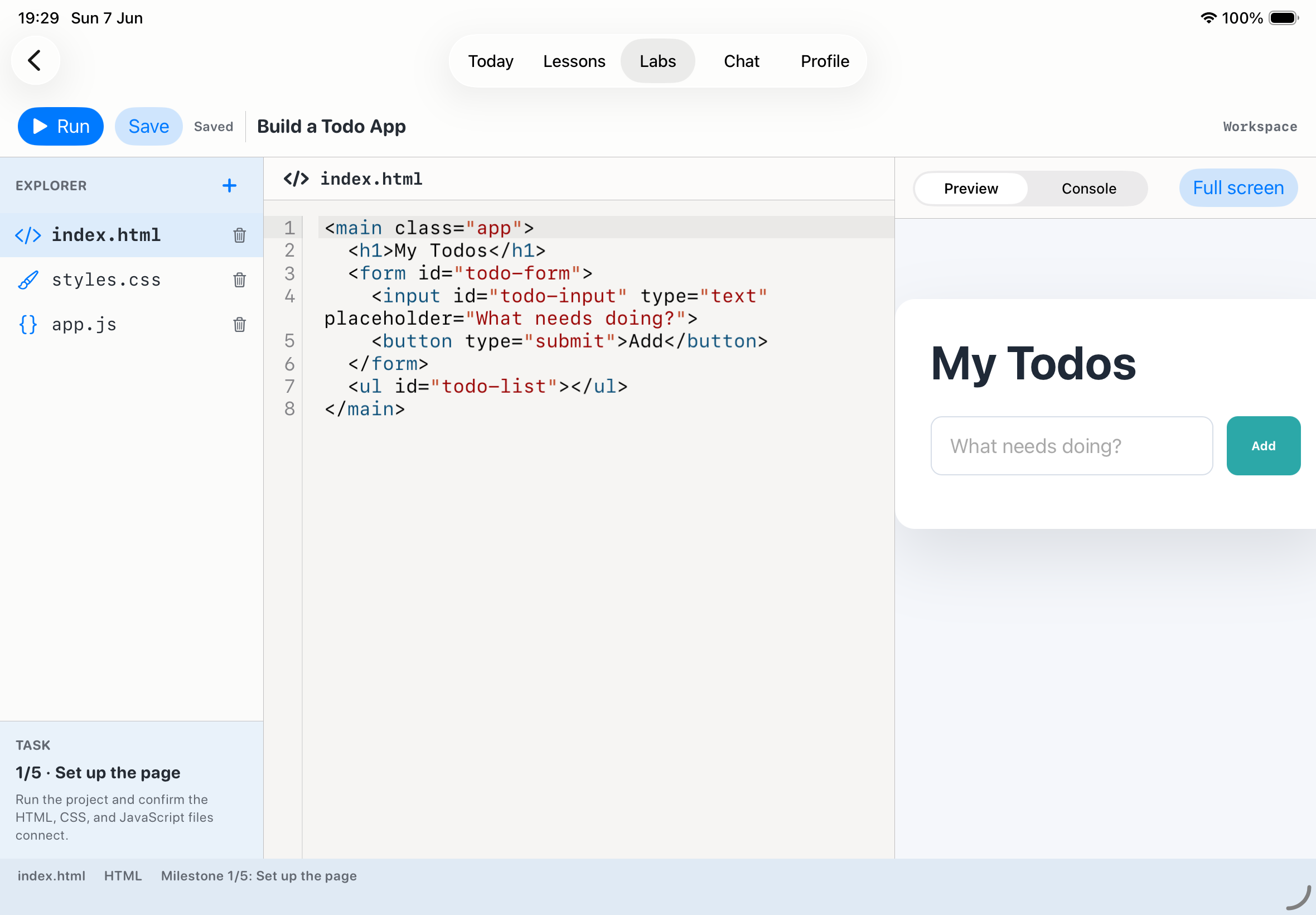 Code Lab project workspace in CodePaw on iPad