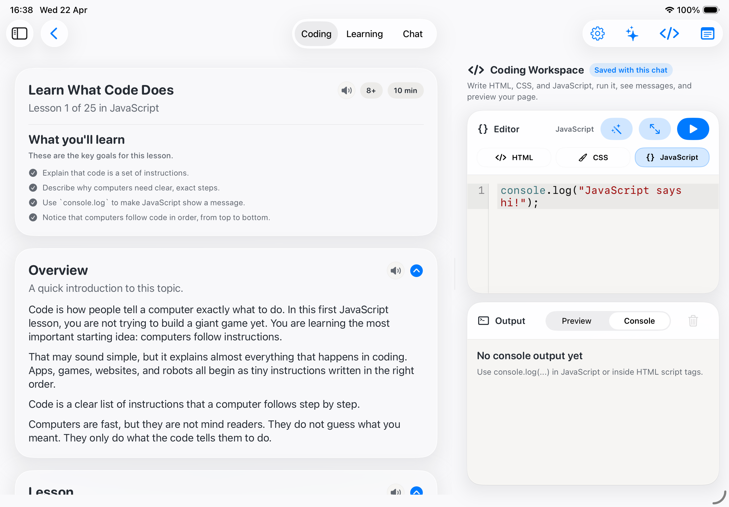 JavaScript lesson with a live workspace in CodePaw on iPad