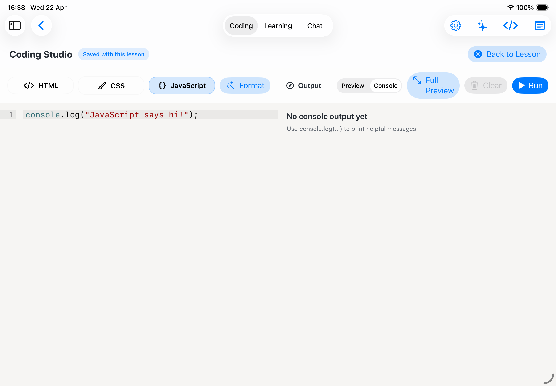 Full-screen Coding Studio with editor and output in CodePaw on iPad
