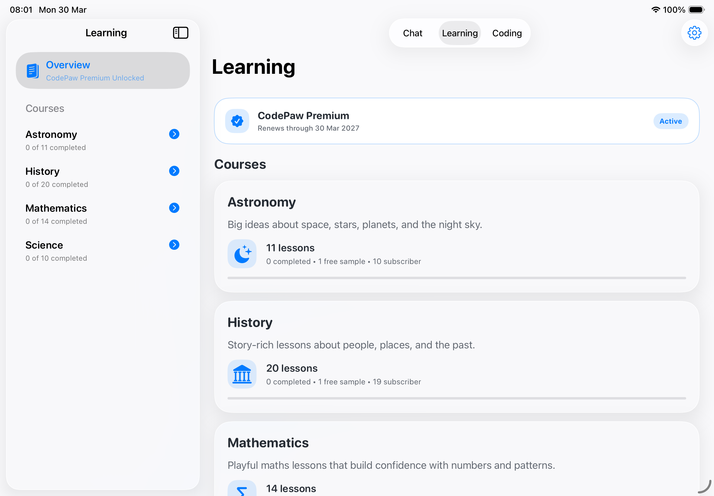 CodePaw course library on iPad
