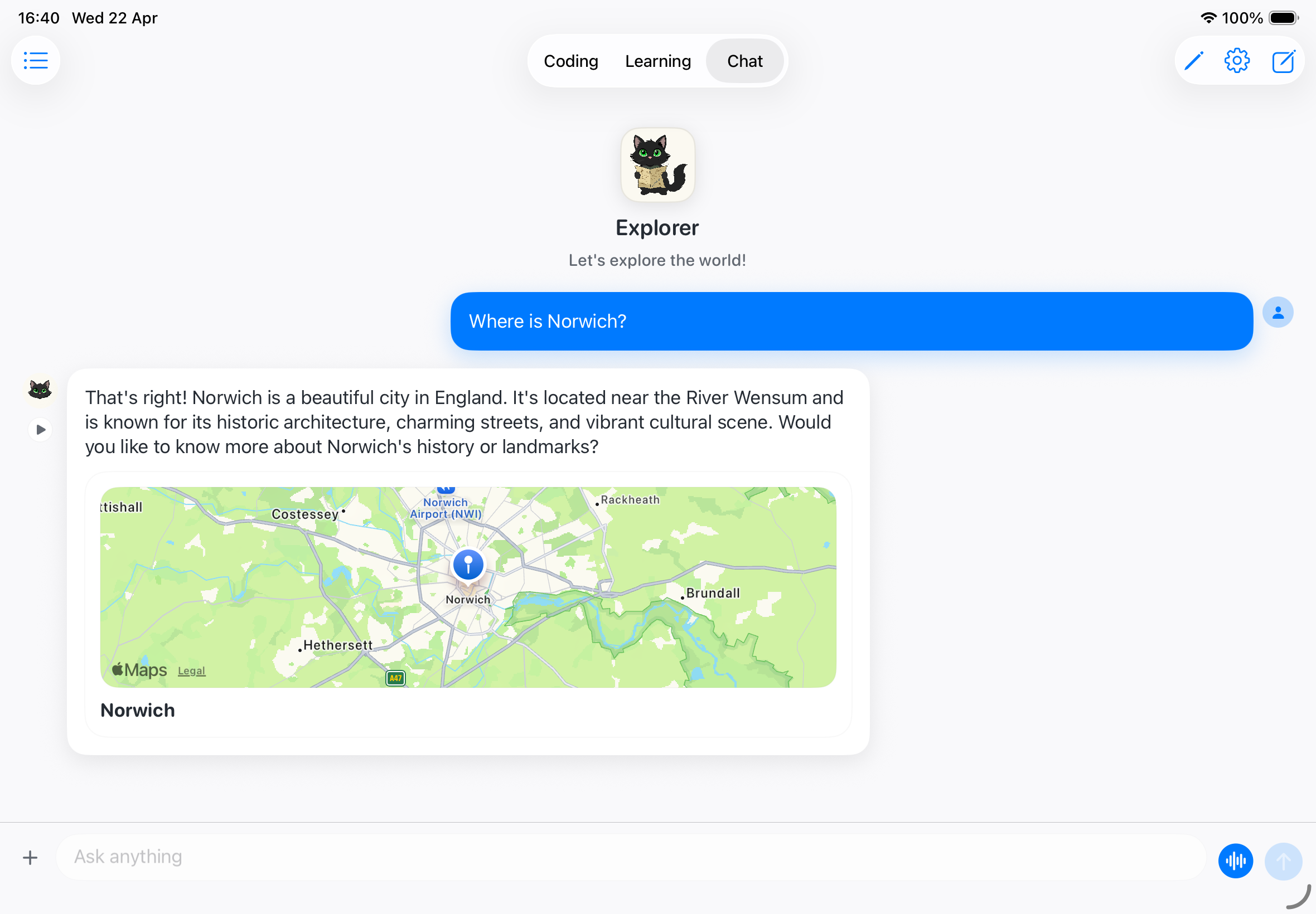 Explorer chat with map-based guidance in CodePaw on iPad