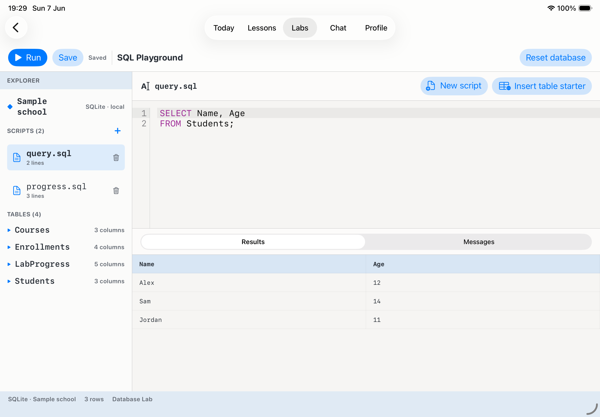 CodePaw SQL Lab on iPad
