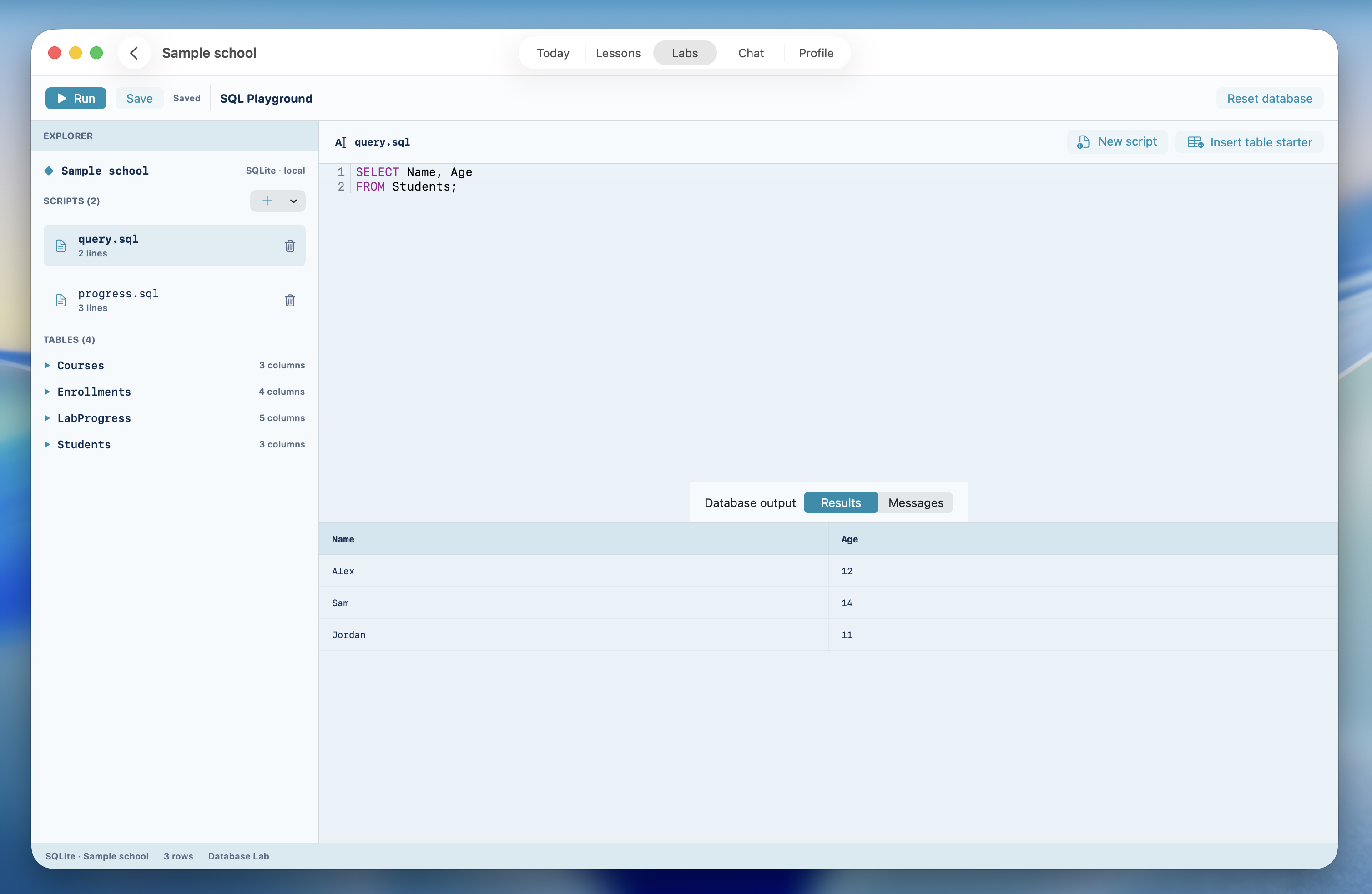SQL Lab with SQLite scripts and query results in CodePaw on Mac